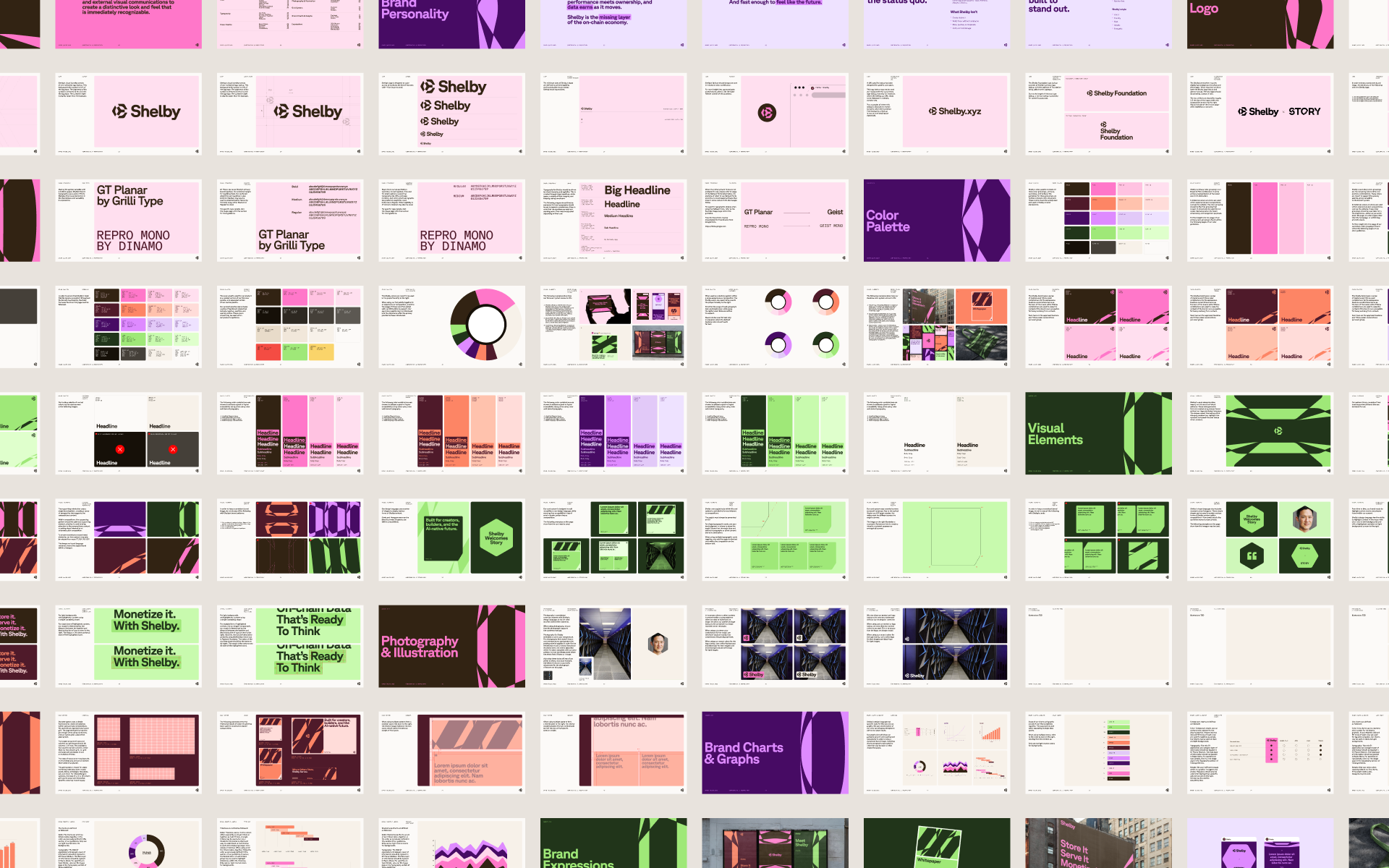 Comprehensive brand identity guideline presentation deck for Shelby featuring typography, colour palettes, and logo usage slides