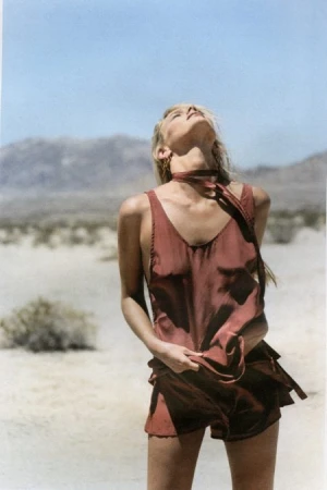A woman in a bronze top and shorts stands in a desert landscape, looking up towards the sky on a clear sunny day.