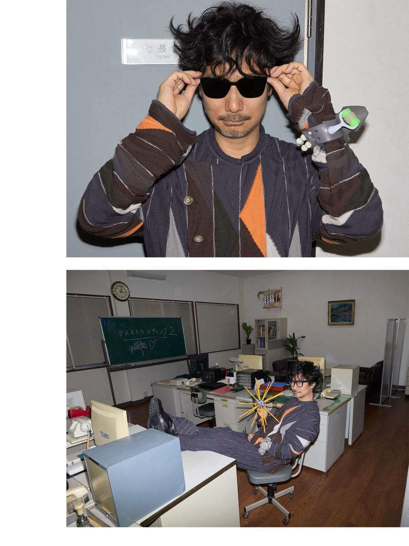 Adult male in striped jacket and glasses holds up sunglasses in office; man sits at desk with feet up in a second image.