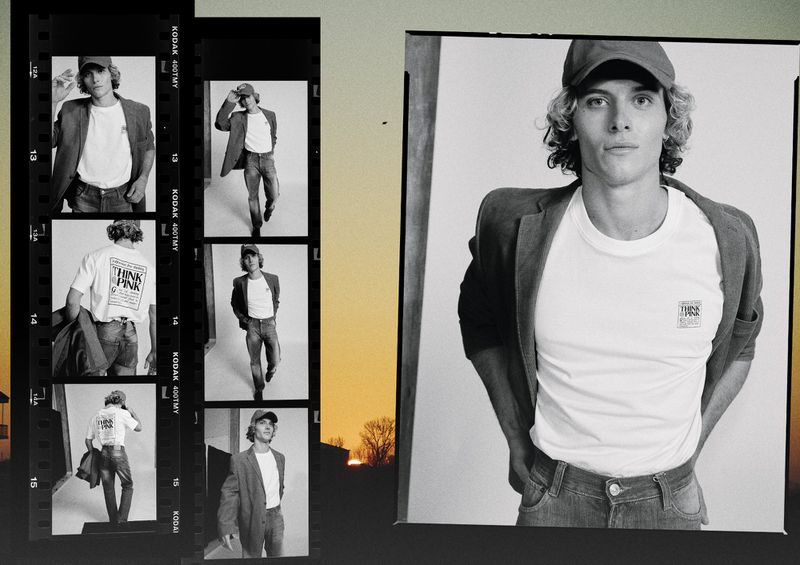 Monochrome contact sheet style layout featuring a young man modeling a t-shirt, blazer, and baseball cap for Think Pink.