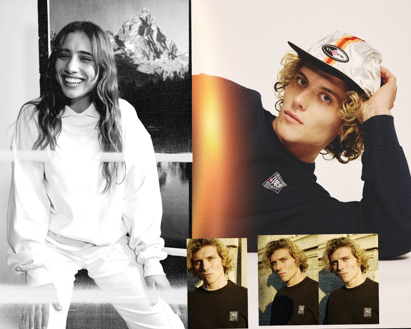 Collage style fashion editorial featuring a smiling woman in white and a man wearing a cap by Simone Paccini.