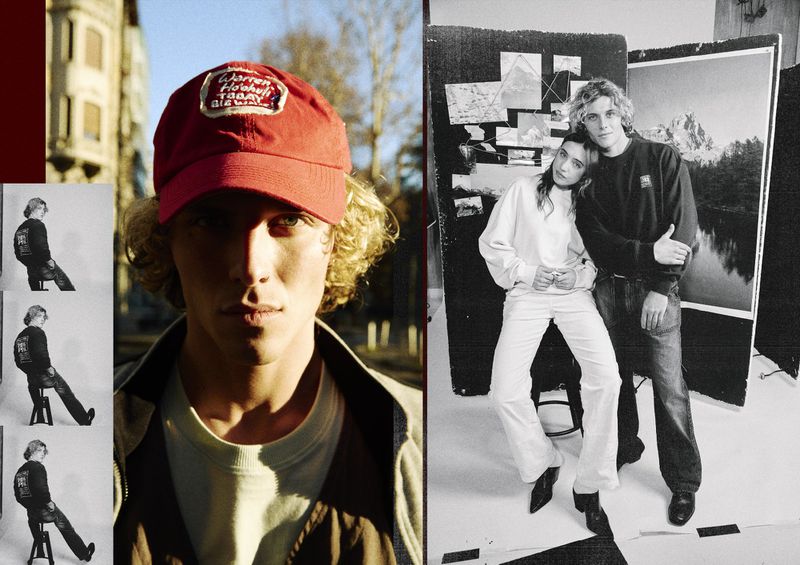 Collage style fashion image showing a man in a red baseball cap and a man and woman posing in a studio setting by Simone Paccini.