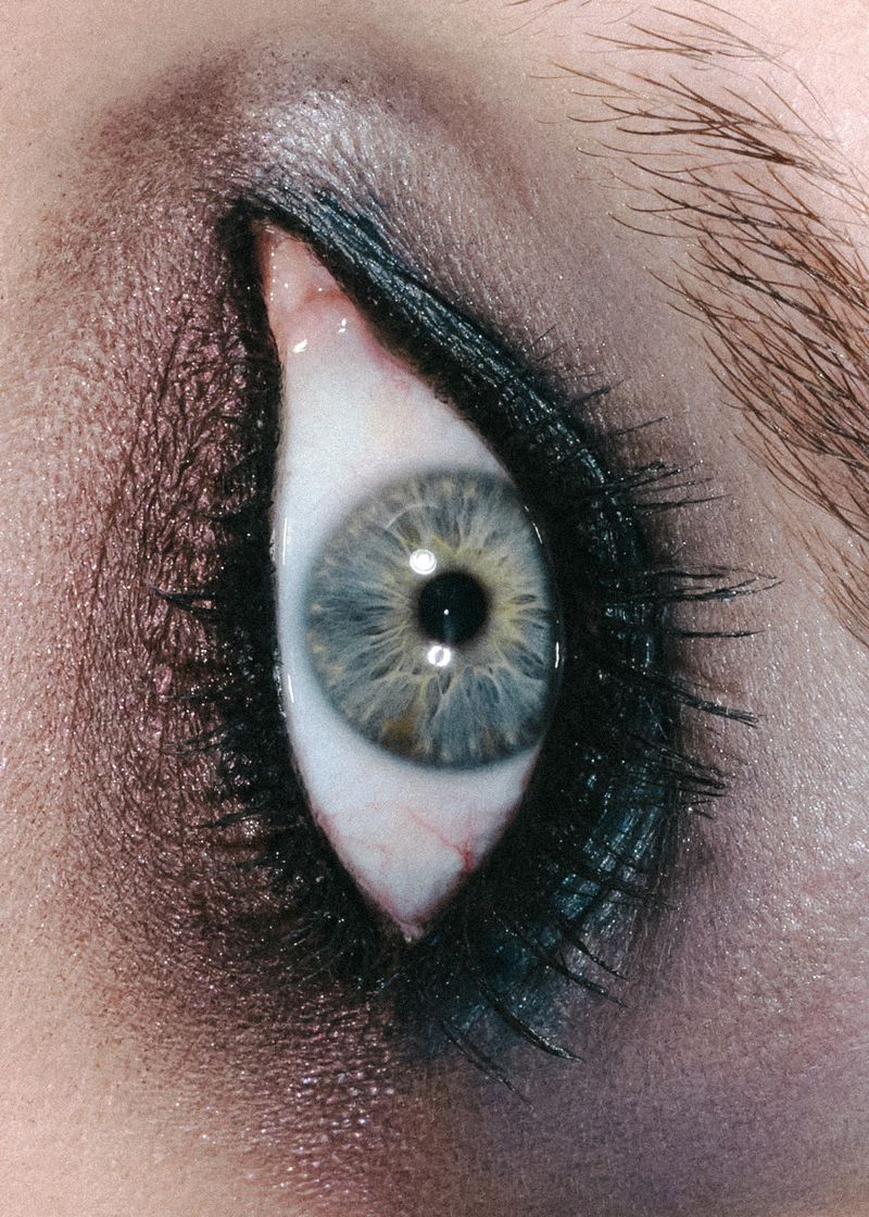 Close-up photograph showcases an eye with gray iris surrounded by dark eye makeup, emphasizing the details of the eyelashes and eyebrow.