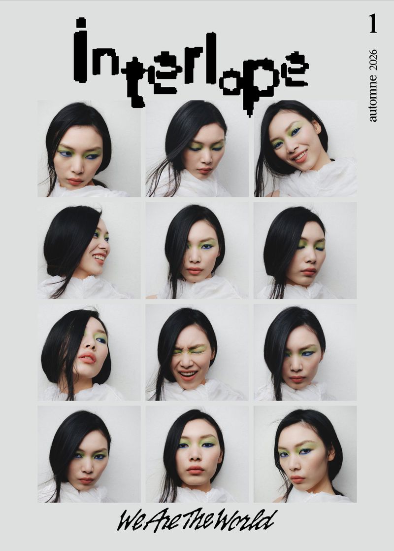 Fashion magazine cover featuring a grid of Asian woman's portrait shots wearing green eyeshadow on a light gray background.