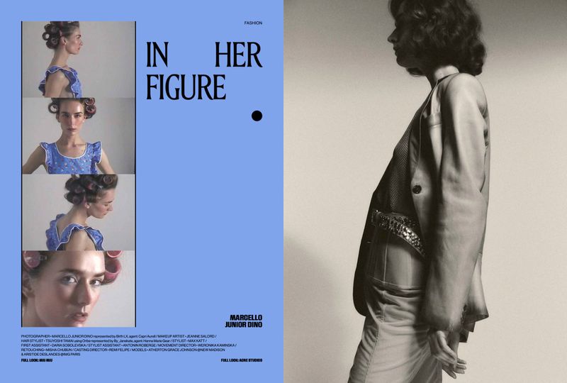 Model in profile wearing a blazer against a neutral backdrop, alongside a blue panel featuring sequential portrait shots of a model with hair rollers.