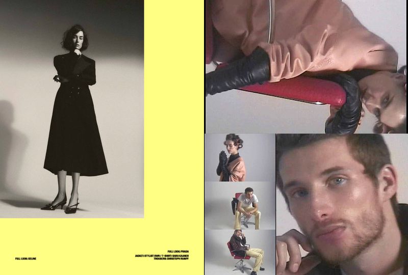 Multi-pane editorial layout featuring models in styled clothing against a bright yellow and white background