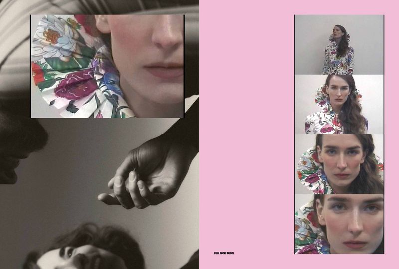 Collage style fashion layout featuring multiple framed portraits of models and close-up detail shots against a pink backdrop