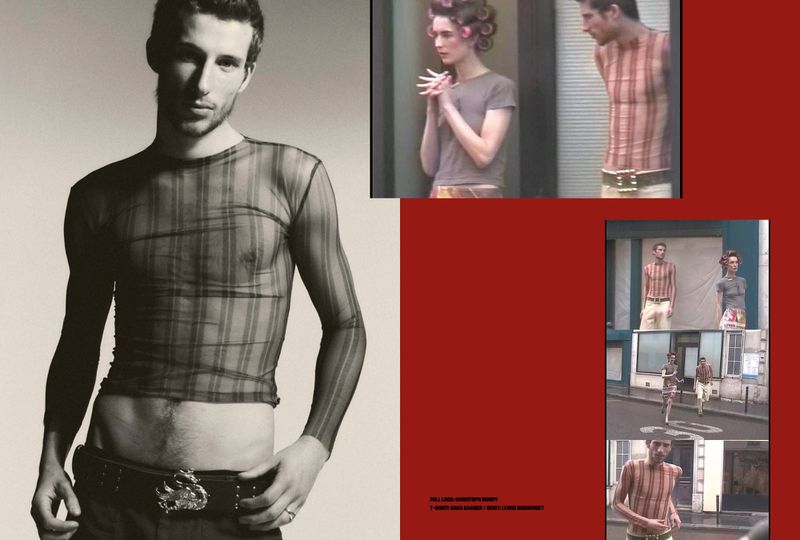 Collage fashion layout featuring a man in a mesh top and smaller inset scenes on a red background for Duel Magazine.