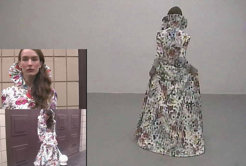 Model in floral dress, indoor setting with neutral walls and gray floor; additional images inset with neutral tiled wall and door.