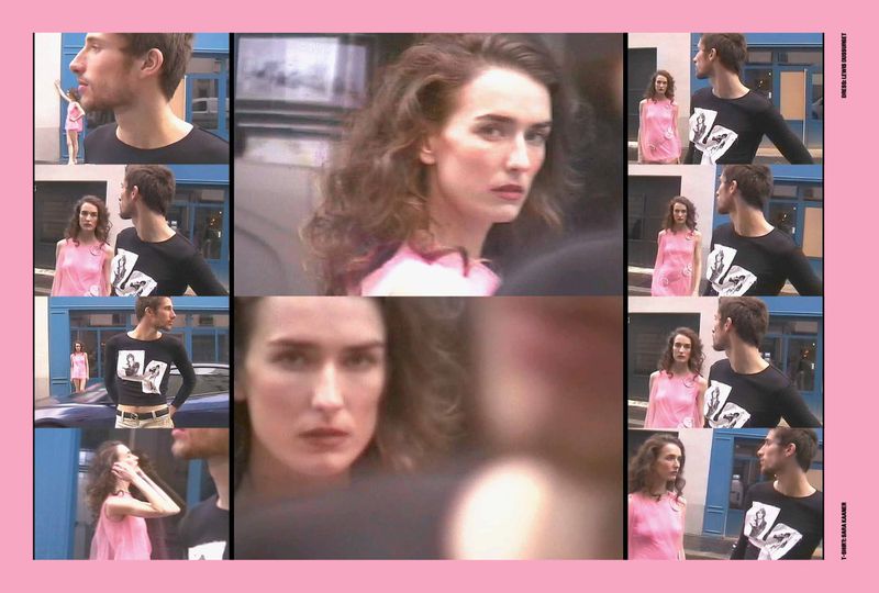 Multi-pane editorial fashion collage featuring two models in an urban street setting with pink border framing.