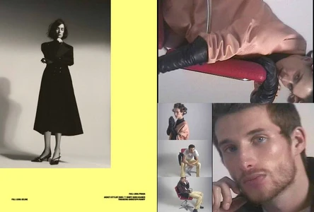 Multi-pane editorial layout featuring models in styled clothing against a bright yellow and white background