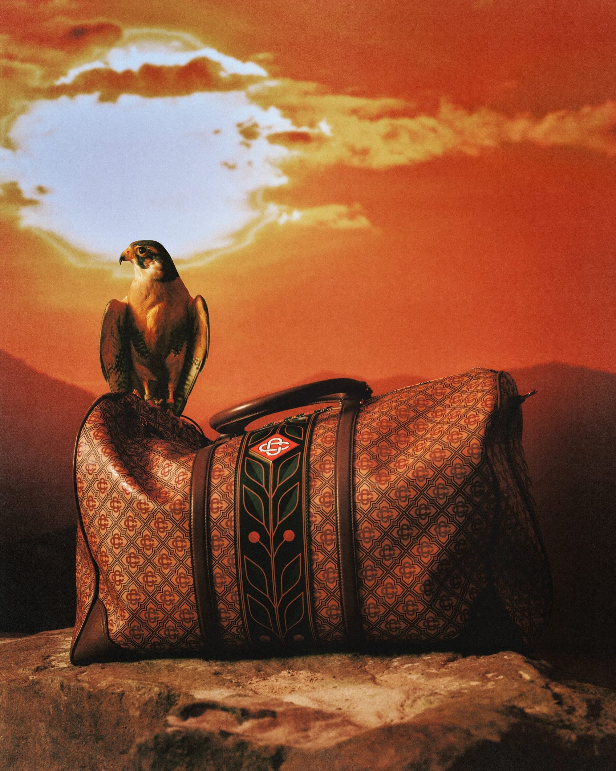 A patterned leather duffel bag rests on a rock with a falcon perched on top against a sunset sky backdrop.
