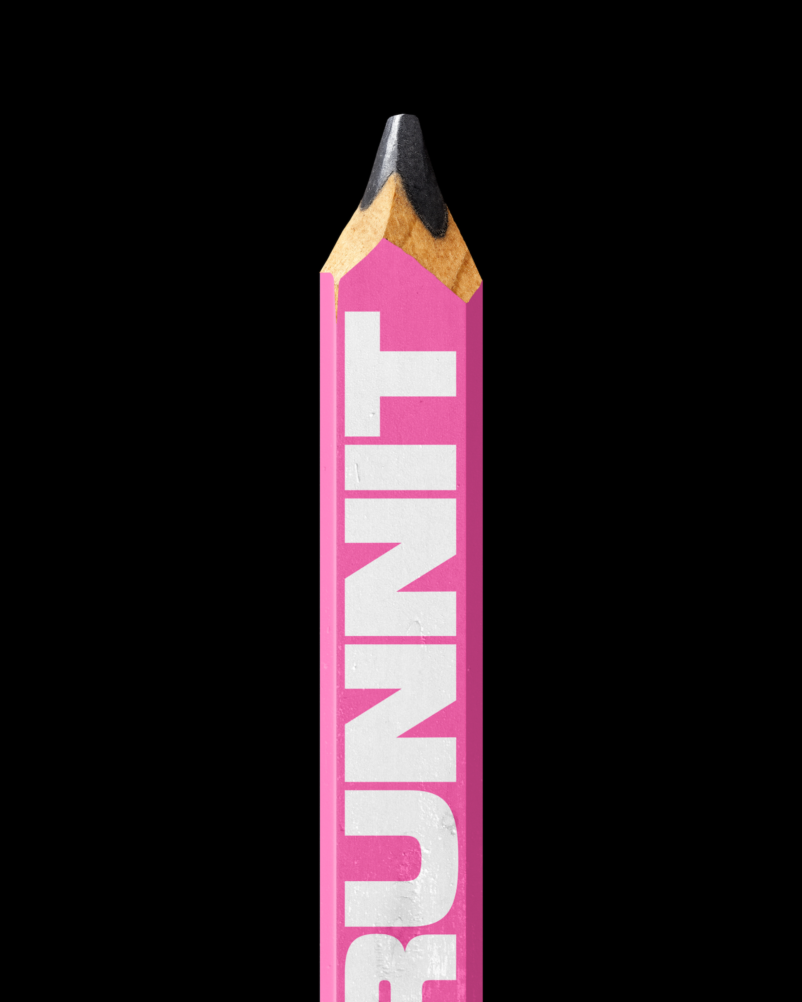 Close-up shot of a pink pencil featuring white lettering against a solid black background.