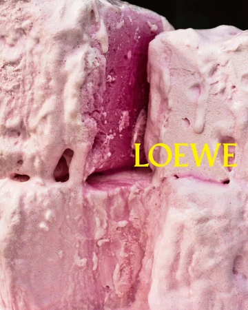 Close-up macro shot of pink textured foam blocks with bold yellow Loewe text branding