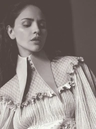 Portrait of Eiza Gonzalez wearing a high-collared patterned blouse for Numero Netherlands photographed by JuanKr