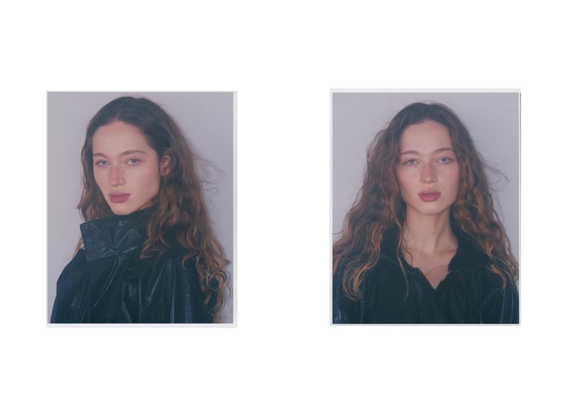 Two portrait frames featuring a woman with long wavy brown hair wearing a dark jacket against a plain light background.