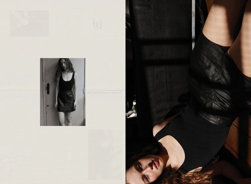 Collage style fashion editorial featuring a model in a black tank top and dark mini skirt, with dramatic lighting.