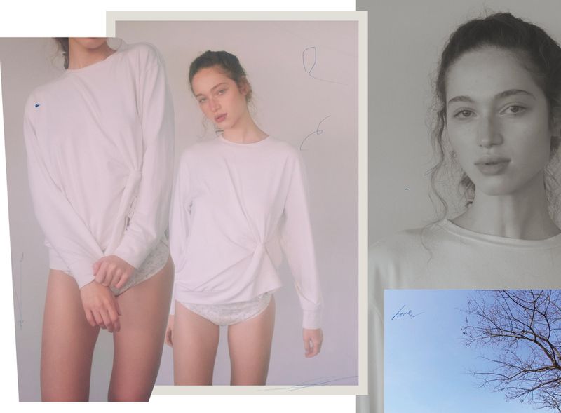 Collage style fashion editorial showing a model in a white long sleeve top and patterned underwear