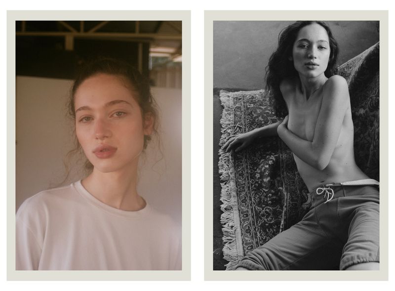Diptych portrait featuring a woman in a white t-shirt and a black-and-white shot of the same woman reclining against a patterned rug.