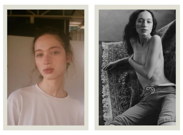 Diptych portrait featuring a woman in a white t-shirt and a black-and-white shot of the same woman reclining against a patterned rug.
