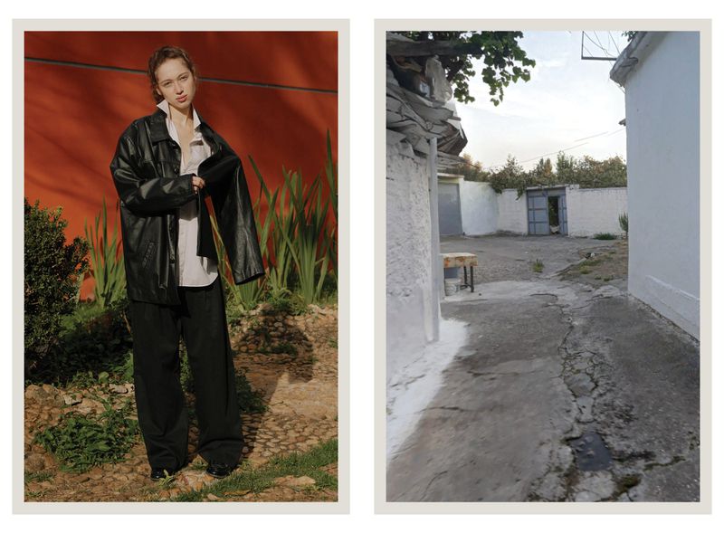 Diptych featuring a woman in a black leather jacket and trousers standing outdoors next to an orange wall, and an alleyway scene.