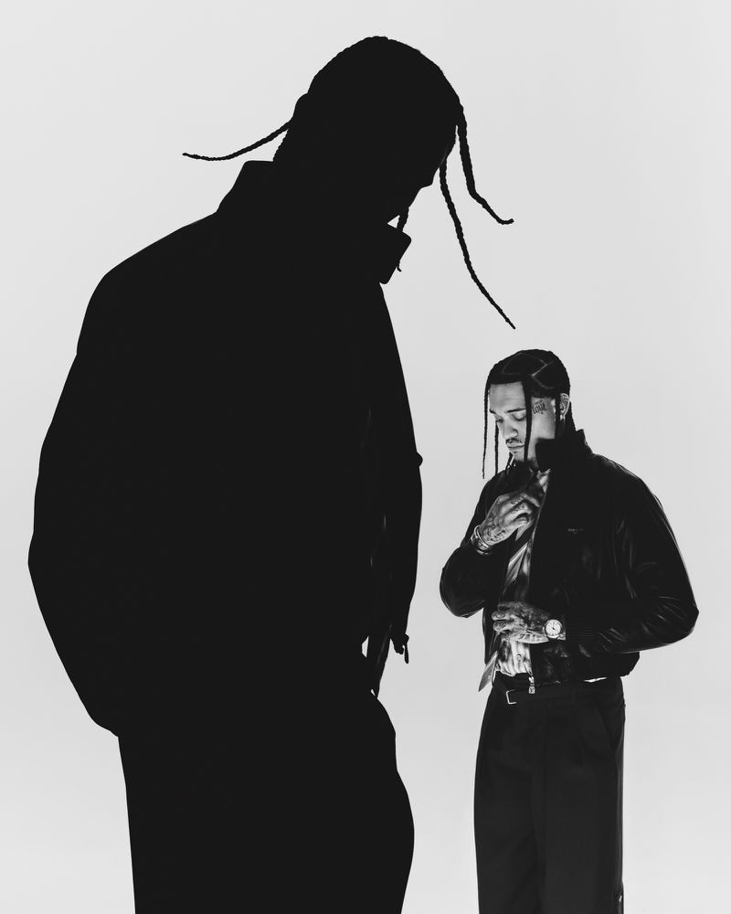 Black and white portrait of Jordan Clarkson with a large foreground silhouette against a plain white background