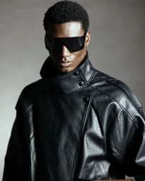 Black man wearing black sunglasses and a high-collared leather jacket against a neutral grey studio backdrop.