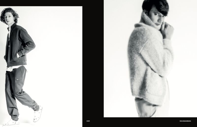 Two-panel black and white fashion layout featuring two male models in casual knitwear and outerwear against a solid white studio background.