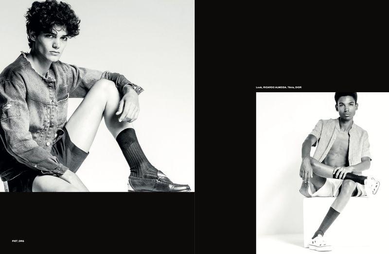 Two male models posing in a fashion editorial layout for Numero Homem Brasil, featuring black and white photography.