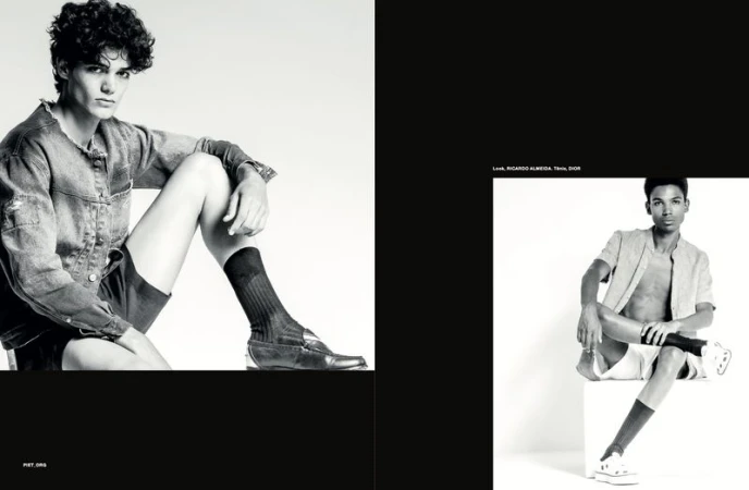 Two male models posing in a fashion editorial layout for Numero Homem Brasil, featuring black and white photography.