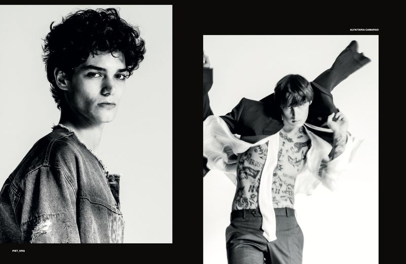 Two black and white portrait panels featuring male models in casual and formal menswear against a solid white background
