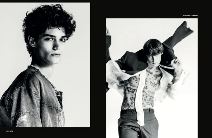 Two black and white portrait panels featuring male models in casual and formal menswear against a solid white background