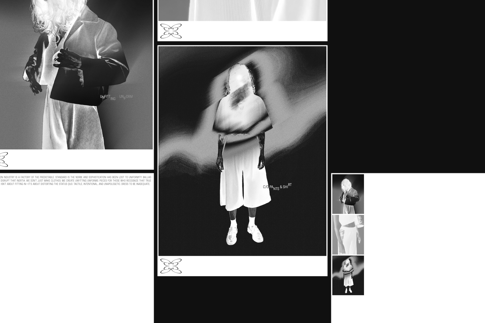 Monochrome experimental graphic design layout featuring inverted figures and typography for Ballad Studio brand identity
