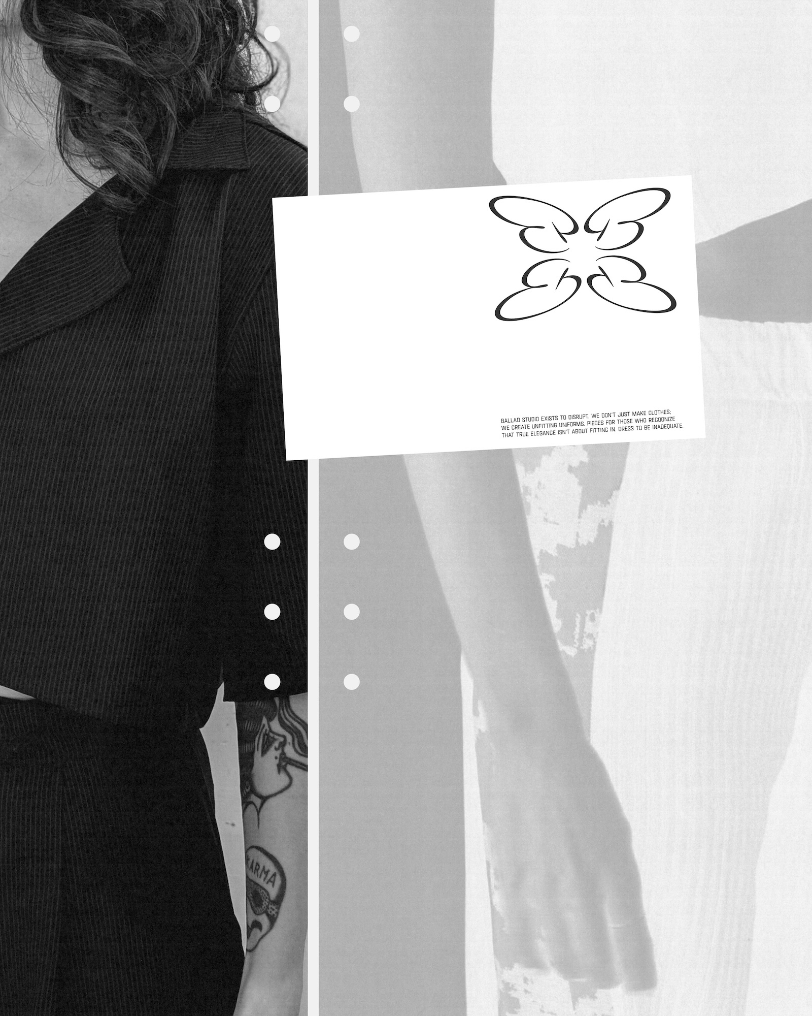 Monochrome brand identity design presentation by Ballad Studio featuring a logo card and person in dark attire