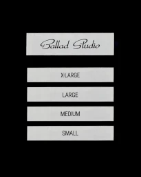 Ballad Studio brand identity clothing size labels showing extra large, large, medium, and small tags on a black background.
