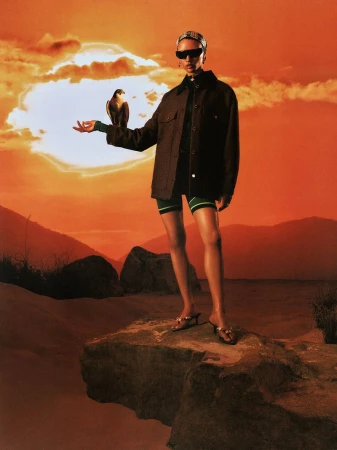 Model wearing dark sunglasses and a brown jacket standing on a rock holding a bird against a dramatic sunset sky