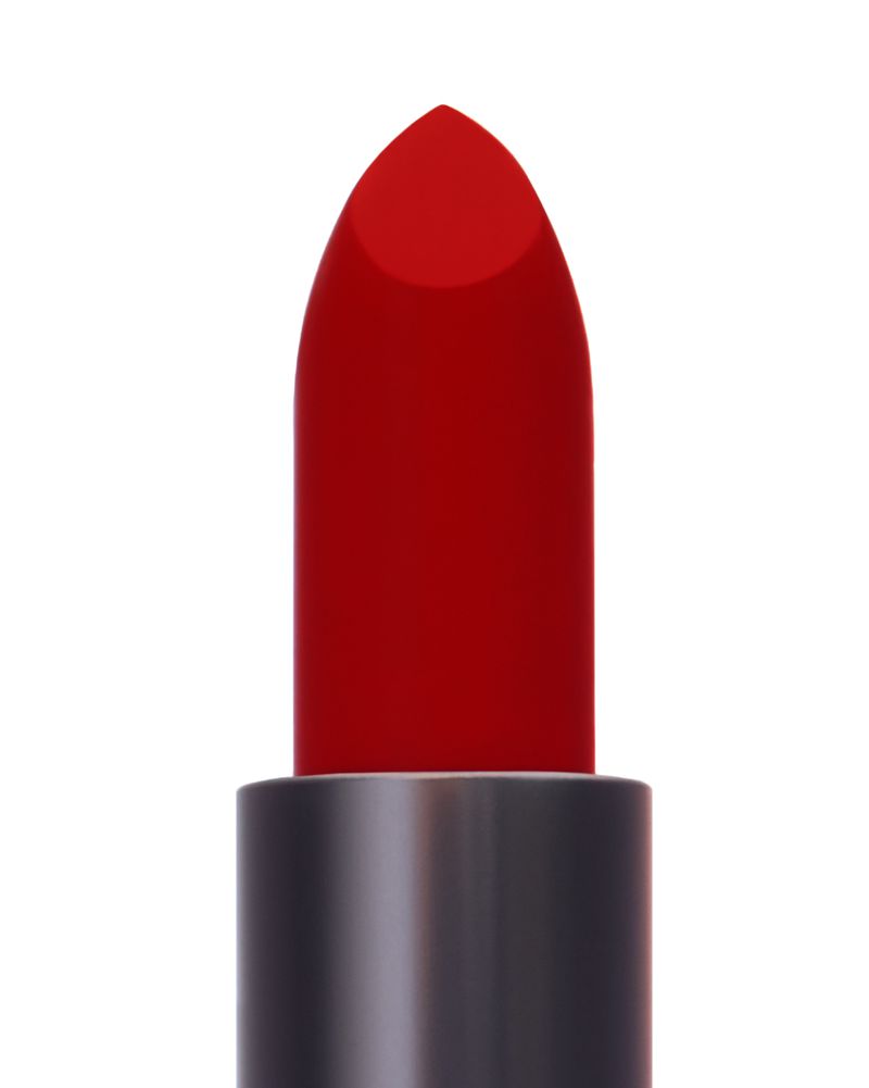 Close-up of a vibrant red lipstick in a dark metallic casing set against a pure white background