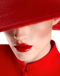 Close-up of a model wearing a red wide-brim hat obscuring the eyes, featuring glossy red lipstick and a matching red collar.