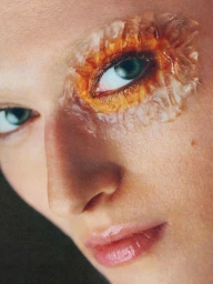Close-up portrait of a model with textured amber and nacre prosthetic makeup around one green eye for Schön Magazine.