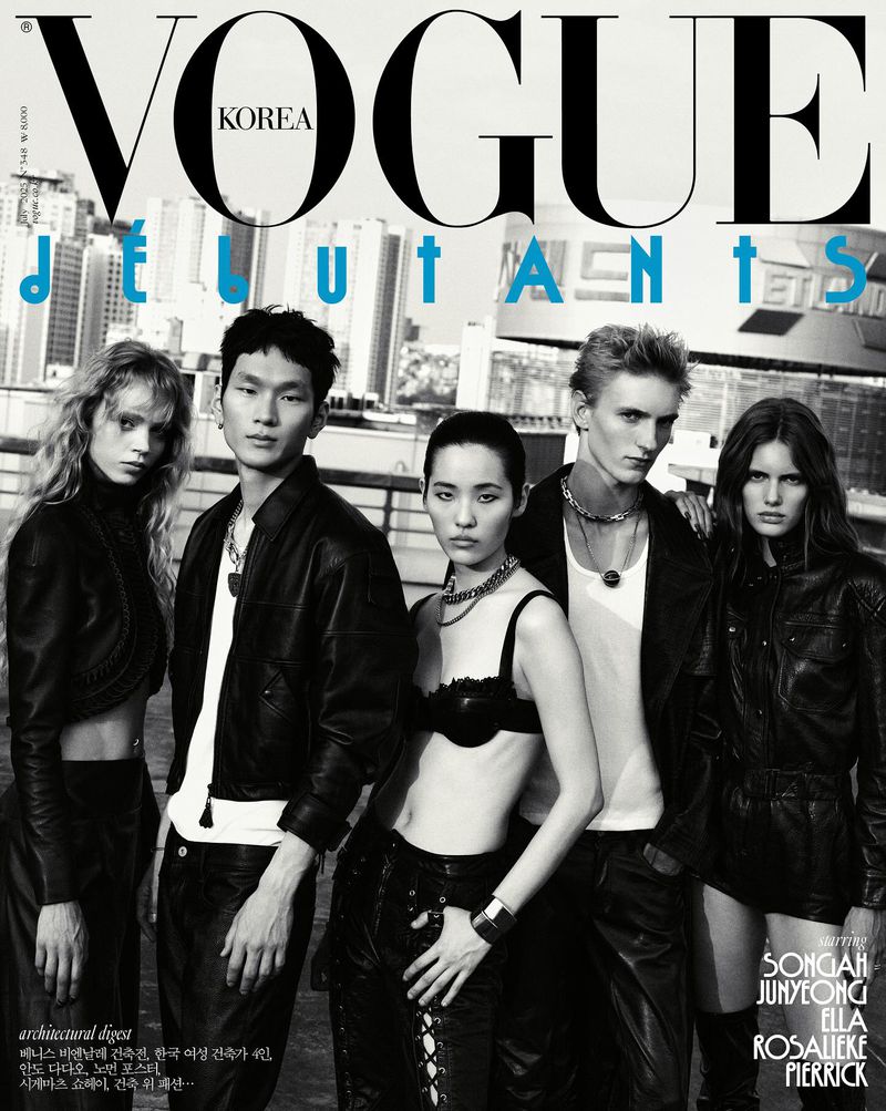 Fashion magazine cover featuring five young adults in leather jackets against a city skyline, black and white image with title text.