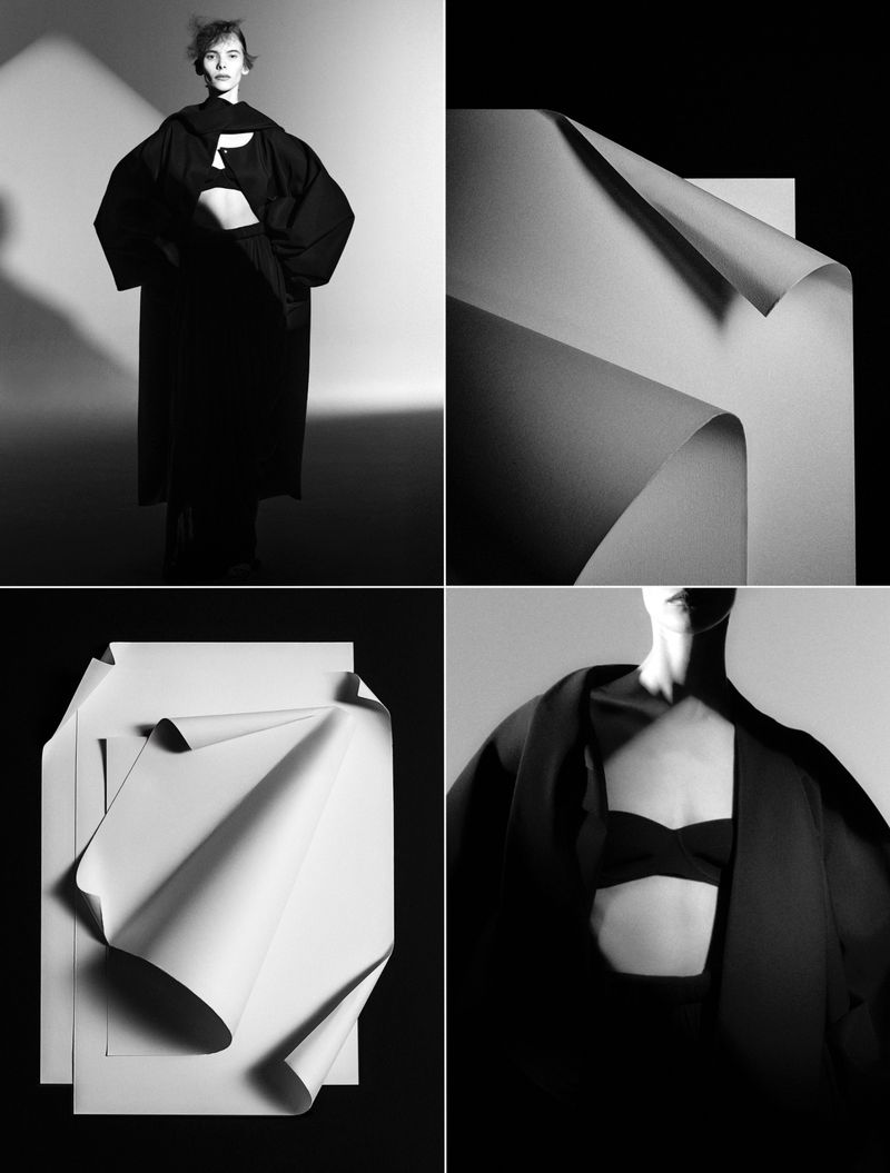 Four-panel black and white fashion editorial featuring a model and sculptural folded paper forms