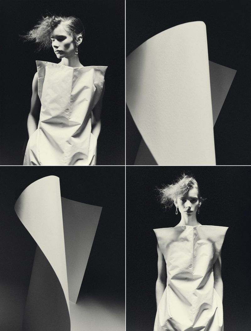 Four-panel black and white fashion editorial featuring a model in sculptural paper attire and architectural curves for L'Officiel Italia.