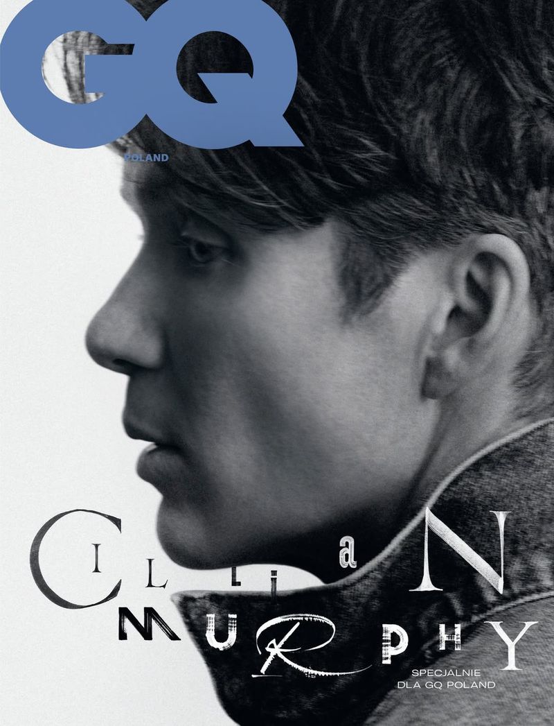 Profile portrait of Cillian Murphy wearing a denim jacket against a white background for GQ Poland