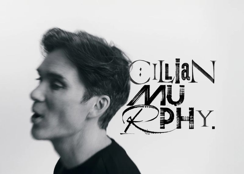 Monochromatic portrait of Cillian Murphy in profile, alongside his name in stylized black typography against a clean, bright white backdrop.