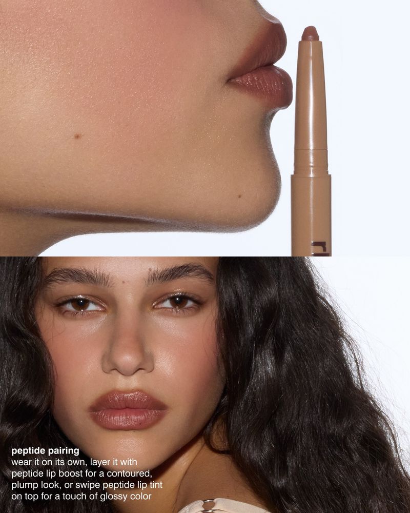 Close-up beauty shot featuring an adult female with brunette wavy hair, wearing lip tint, and a matching lip liner.
