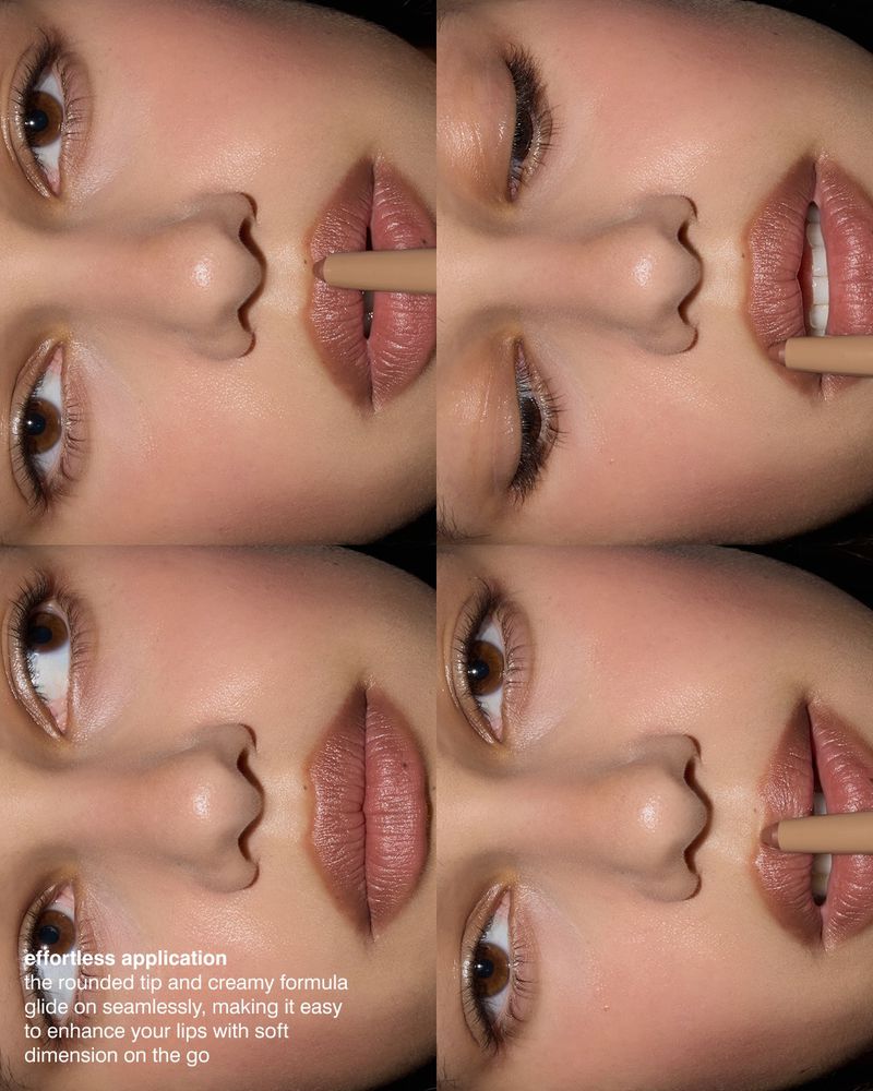 Close-up four-panel view of a model applying lip liner during a beauty campaign for rhode Skin.