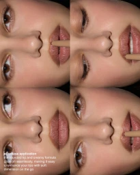 Close-up four-panel view of a model applying lip liner during a beauty campaign for rhode Skin.