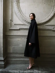Model standing in profile wearing a long black coat against an ornate stone wall with classical architectural moldings.