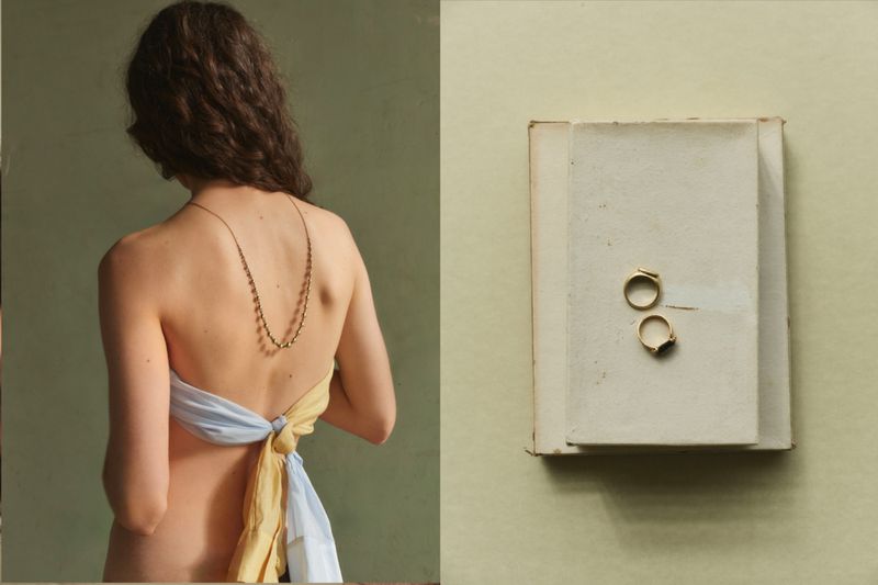 Diptypt image showing a woman from behind wearing a tied shirt and gold necklace, and two gold rings on a book.