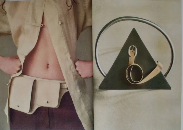 Fashion shot featuring a tan belt bag on a woman, and another tan belt looped on a geometric display with a ring on a cream backdrop.